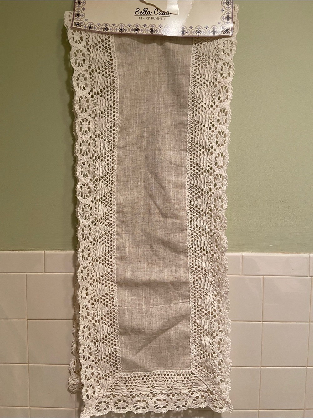 Bella Casa Linen Table Runner with Crochet Lace Trim - Ivory Size 14X72”